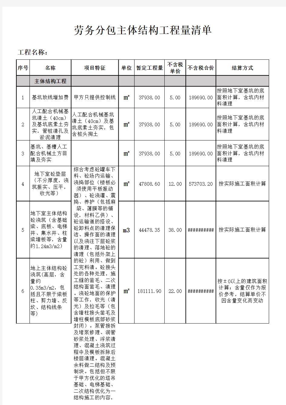 华府劳务分包主体结构工程量清单