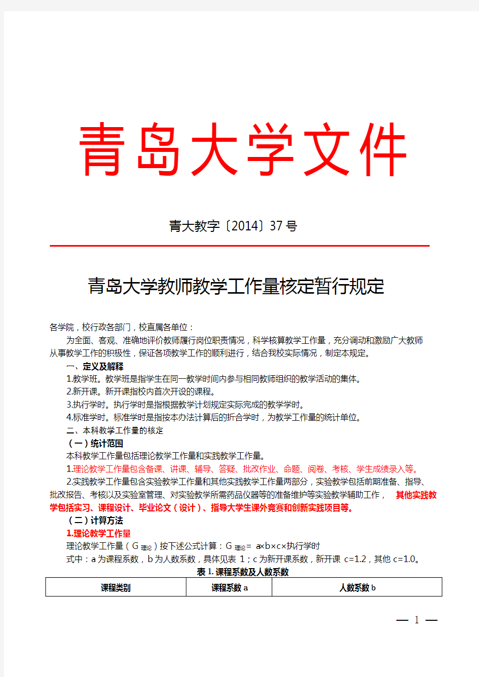 青岛大学教师教学工作量核定暂行规定-青大教字(2014)37号-201505