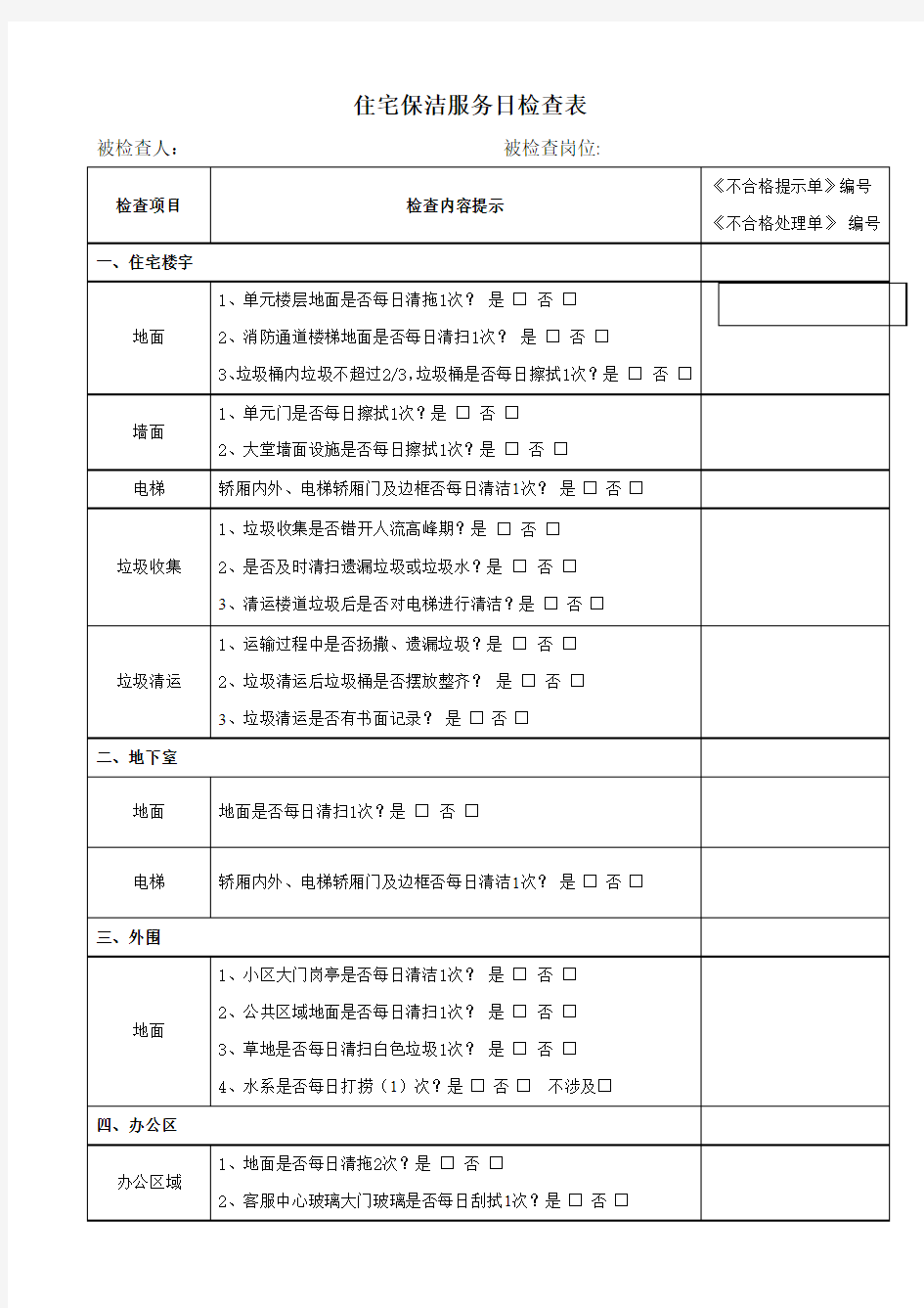 保洁服务日检查表