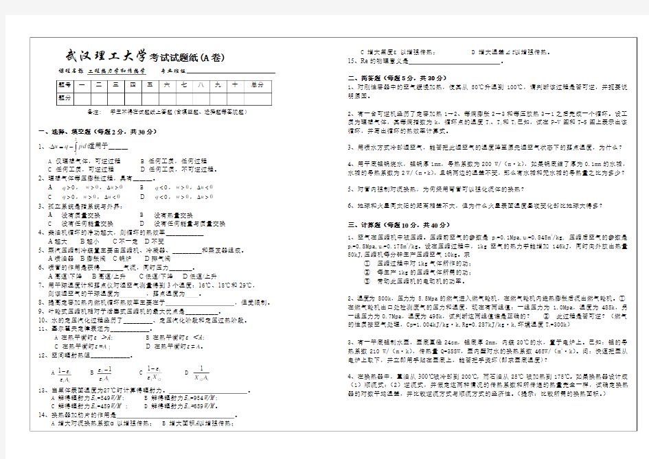 武汉理工大学能动学院《工程热力学和传热学》试卷