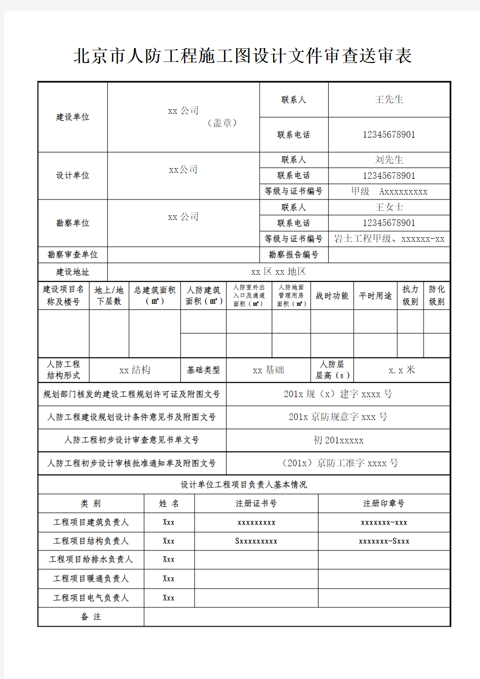 北京市人防工程施工图设计文件审查送审表