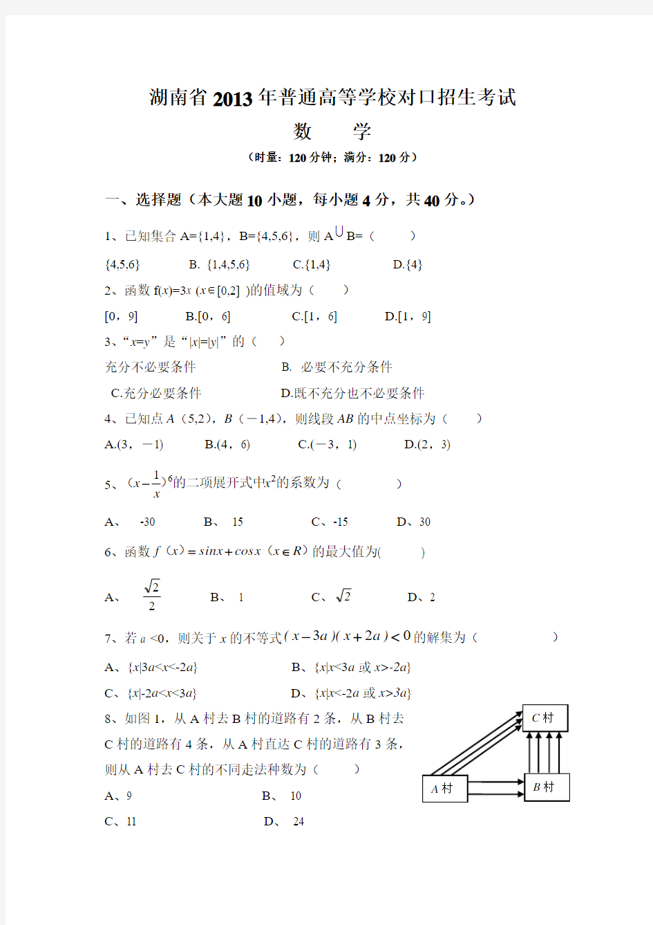 2014湖南省对口升学数学试题