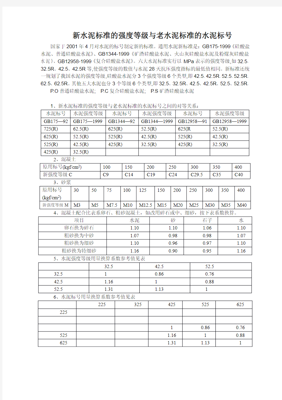 新水泥标准的强度等级与老水泥标准的水泥标号之间的对等关系