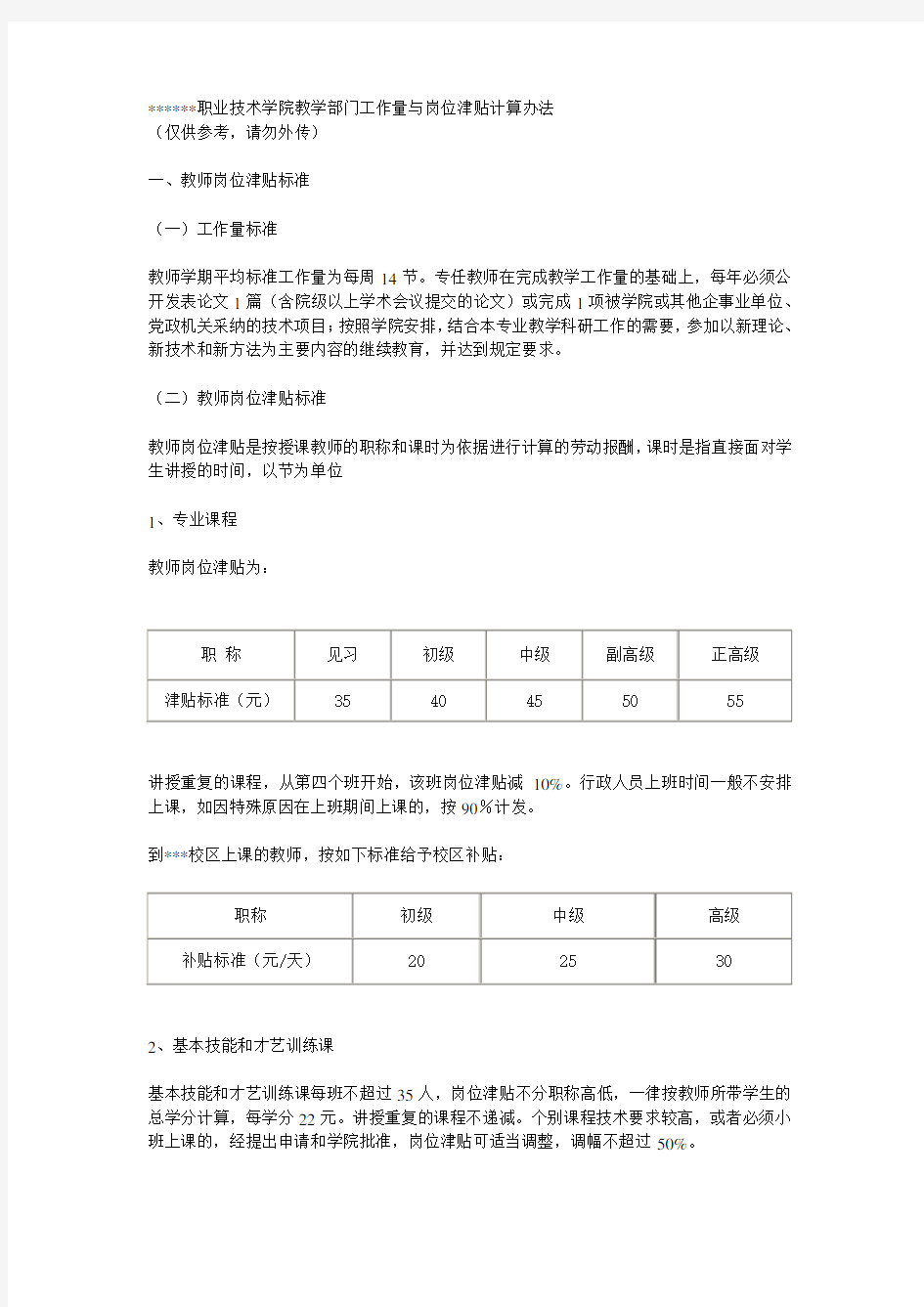 职业技术学院教学部门工作量与岗位津贴计算办法