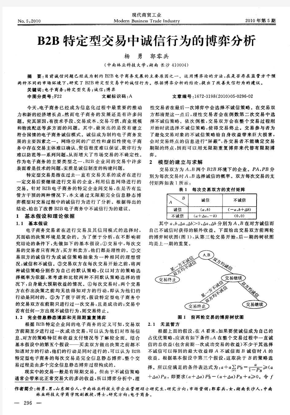 B2B特定型交易中诚信行为的博弈分析