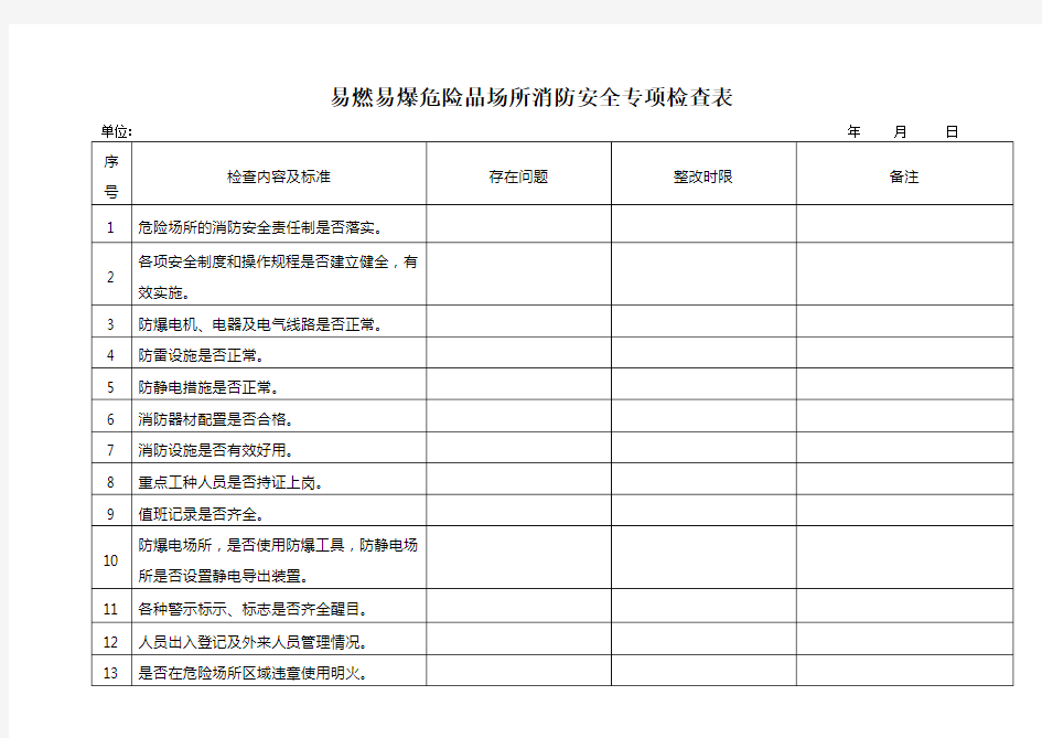 易燃易爆危险品场所消防安全专项检查表