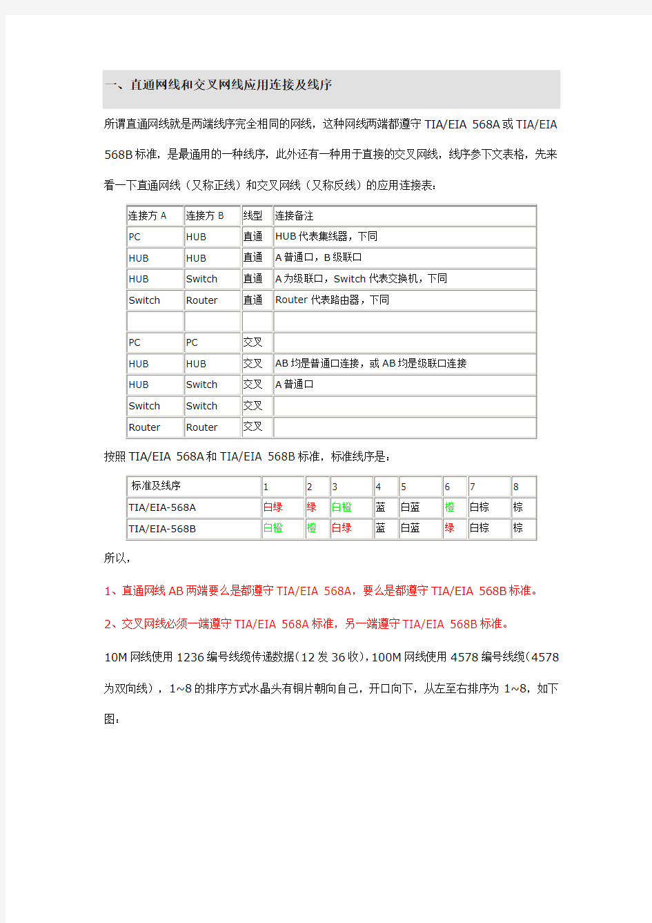 直通网线和交叉网线应用连接及线序