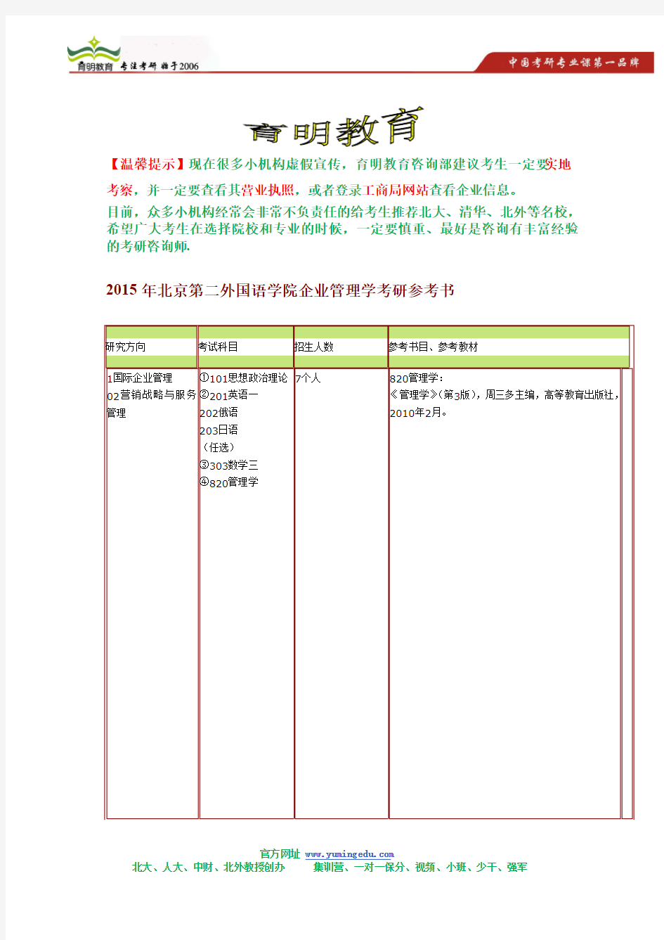 2015年北京第二外国语学院企业管理考研参考书,考研招生人数