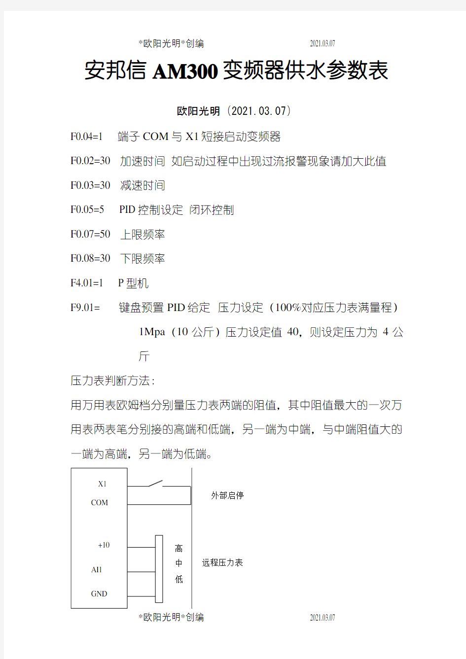 2021年各种变频器恒压供水参数