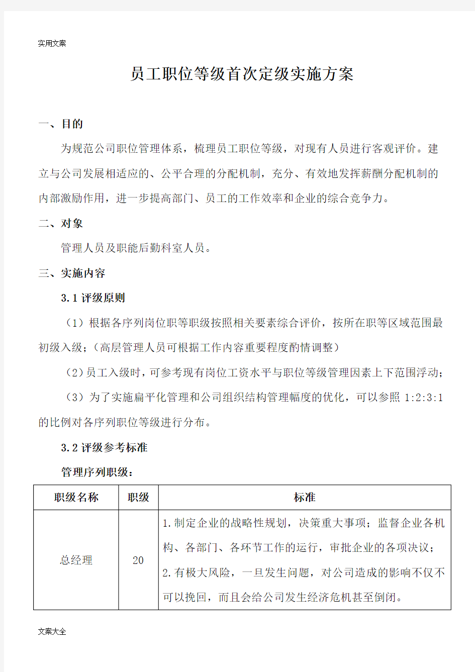 员工职位等级首次定级实施方案设计