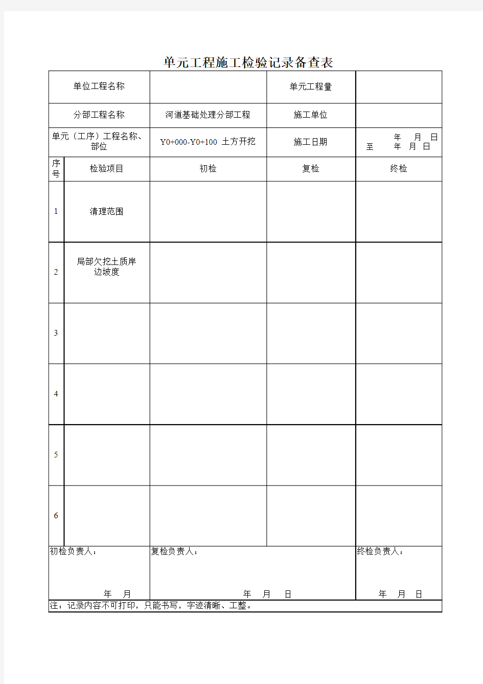 土方开挖 三检表 单元(工序)工程施工检验记录表