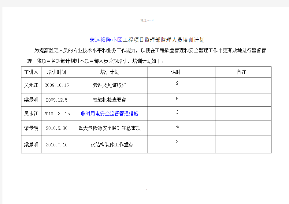 监理人员培训计划