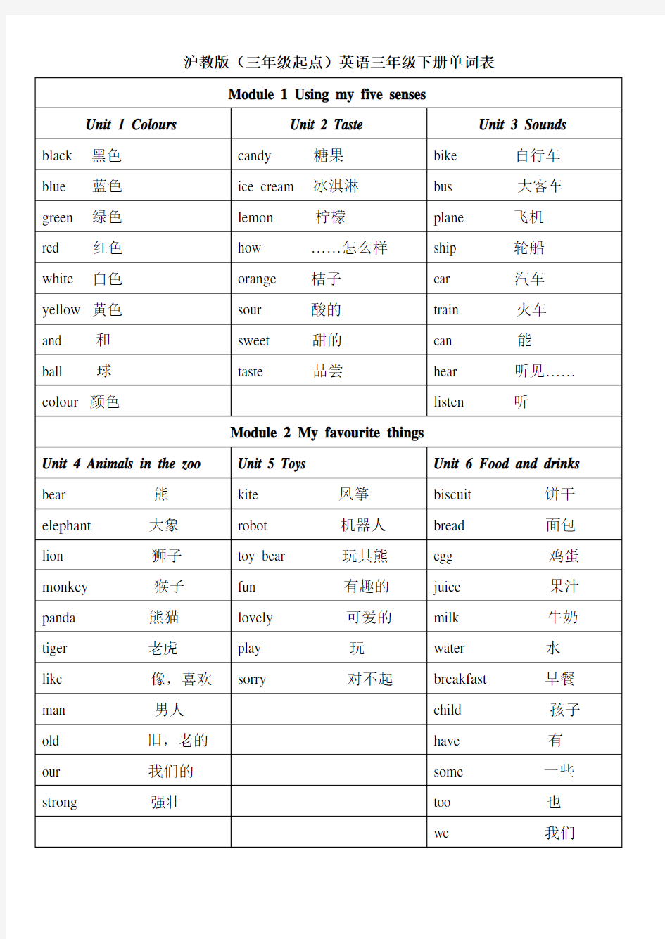 沪教版(三年级起点)英语三年级下册单词表