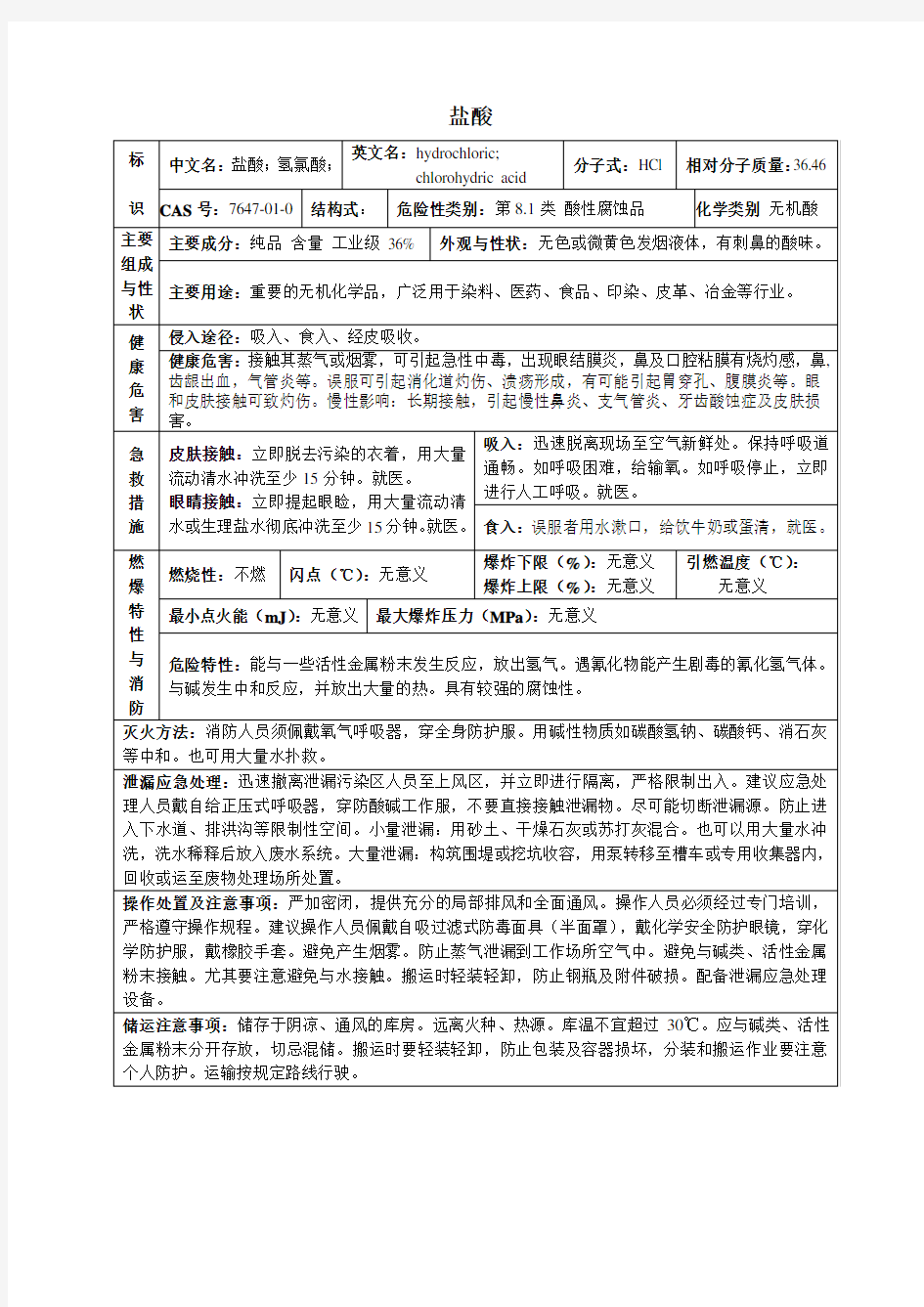 盐酸安全技术说明书(MSDS)