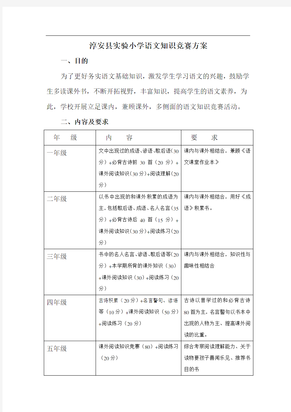 实验小学语文知识竞赛活动方案