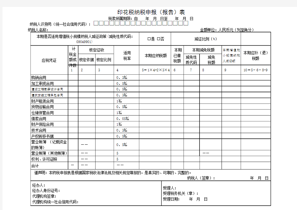 2019年印花税纳税申报表