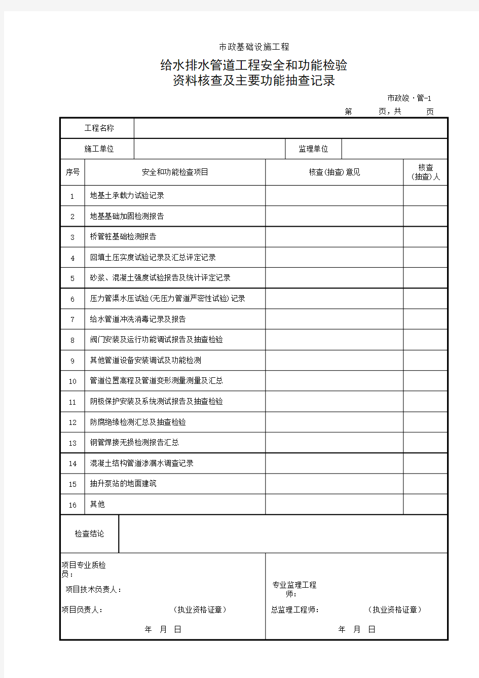 003-15 市政竣·管-1 给水排水管道工程安全和功能检验资料核查及主要功能抽查记录