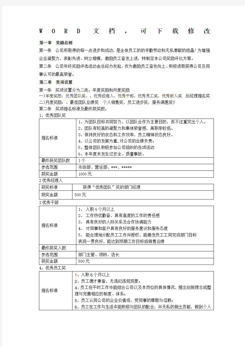 公司终优秀个人优秀团队奖励评比方案