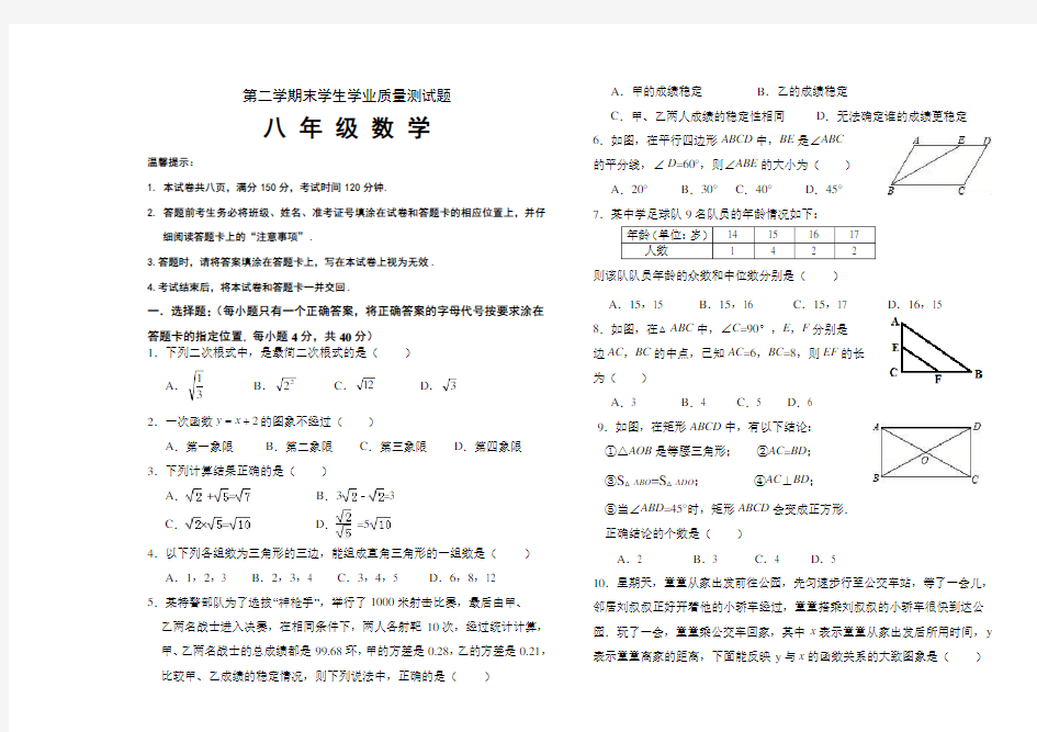 初二下学期数学期末测试题