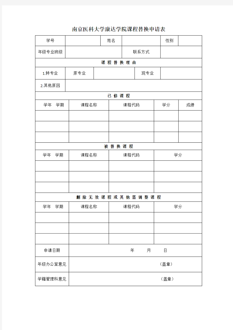 南京医科大学康达学院课程替换申请表