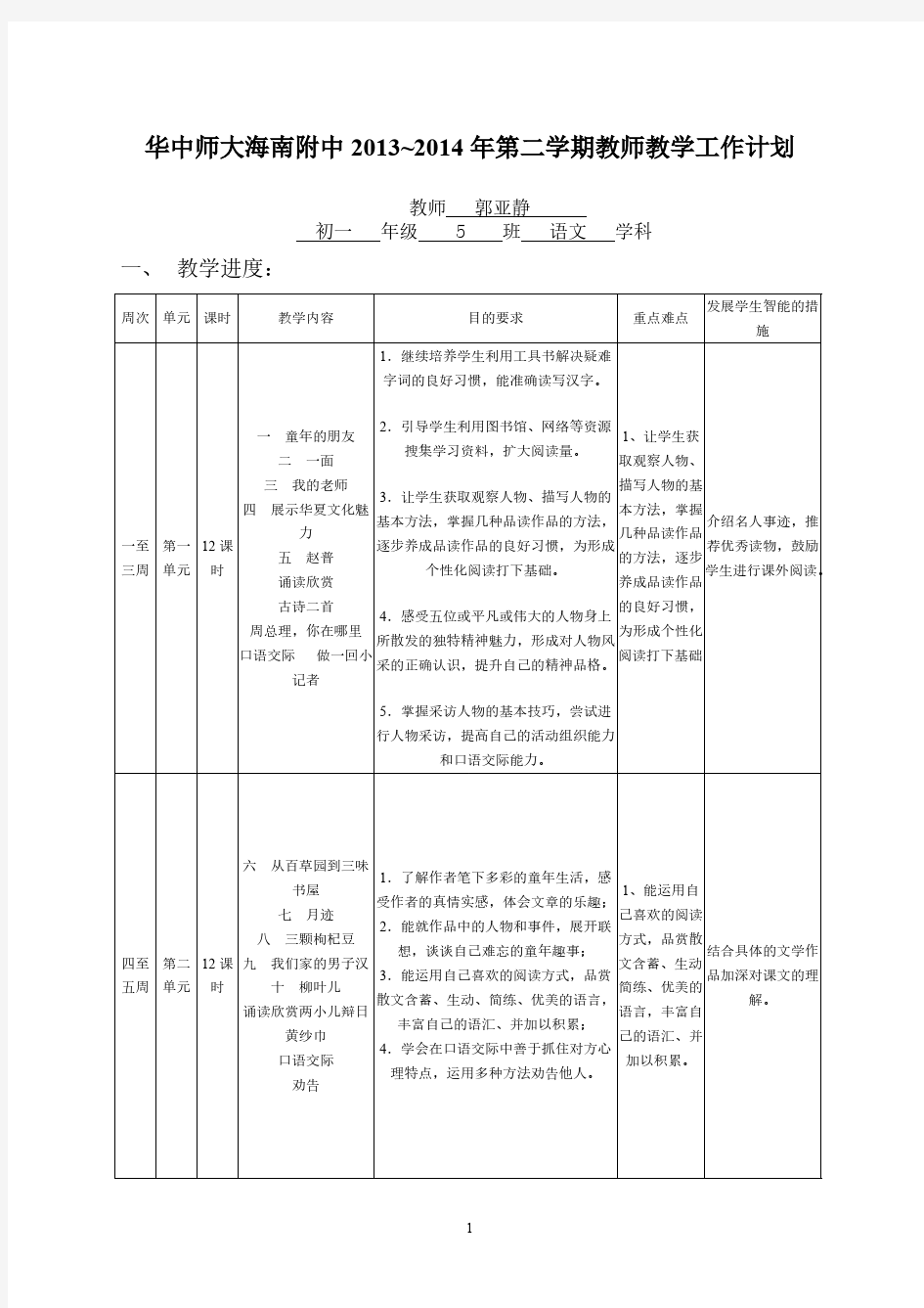 教师个人教学工作计划表