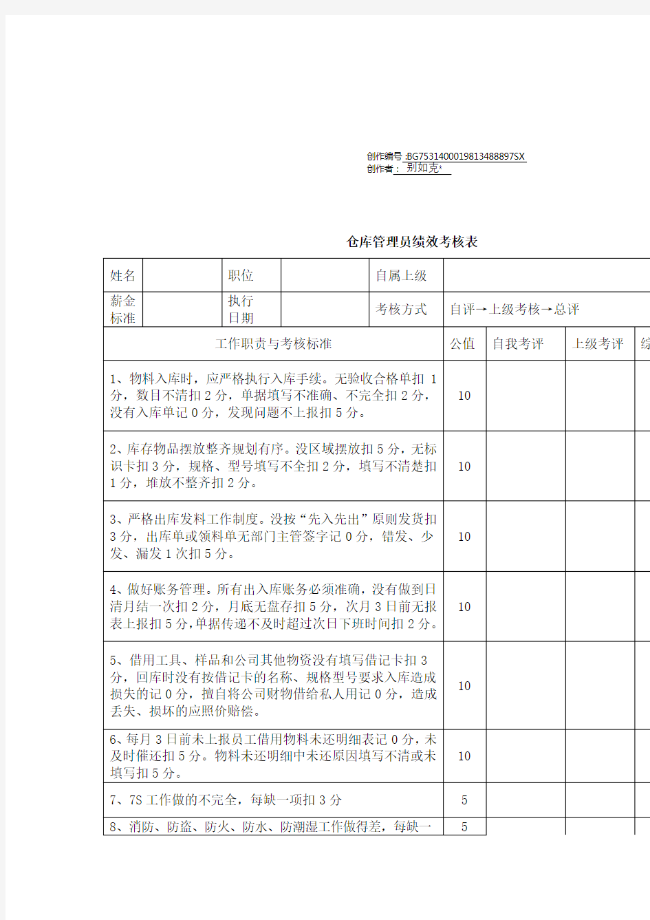 仓库管理员绩效考核表-仓库员工绩效考核