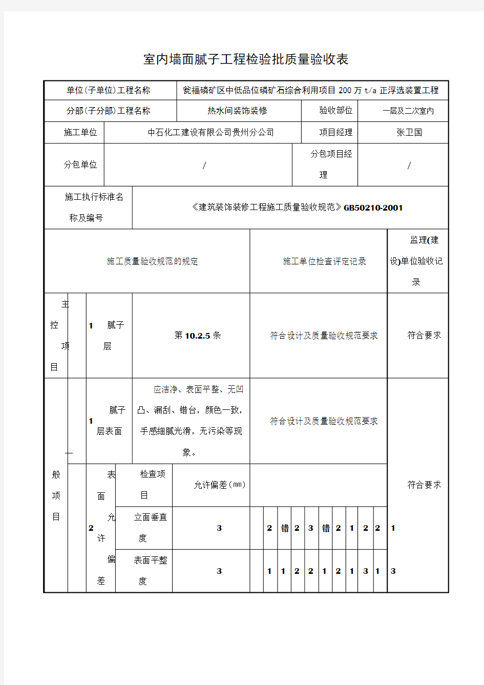 室内墙面腻子工程检验批质量验收表