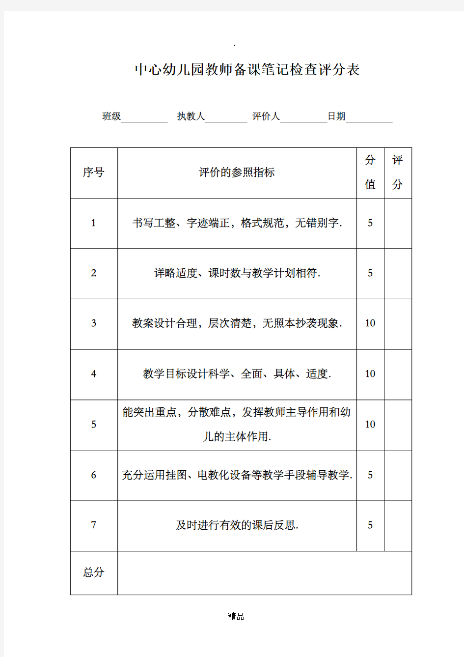 中心幼儿园教师备课笔记检查评分表