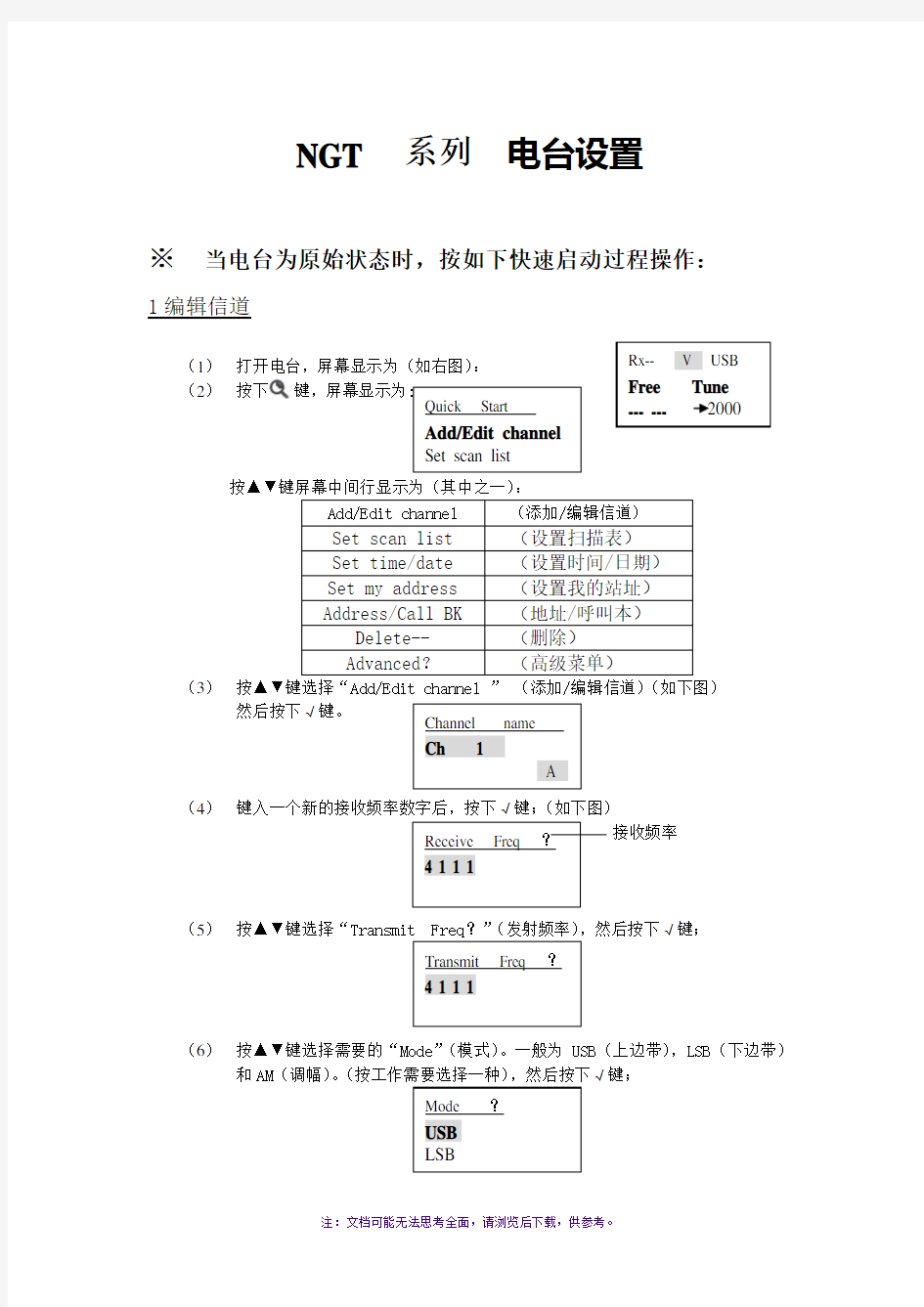 柯顿NGT系列短波电台设置手册