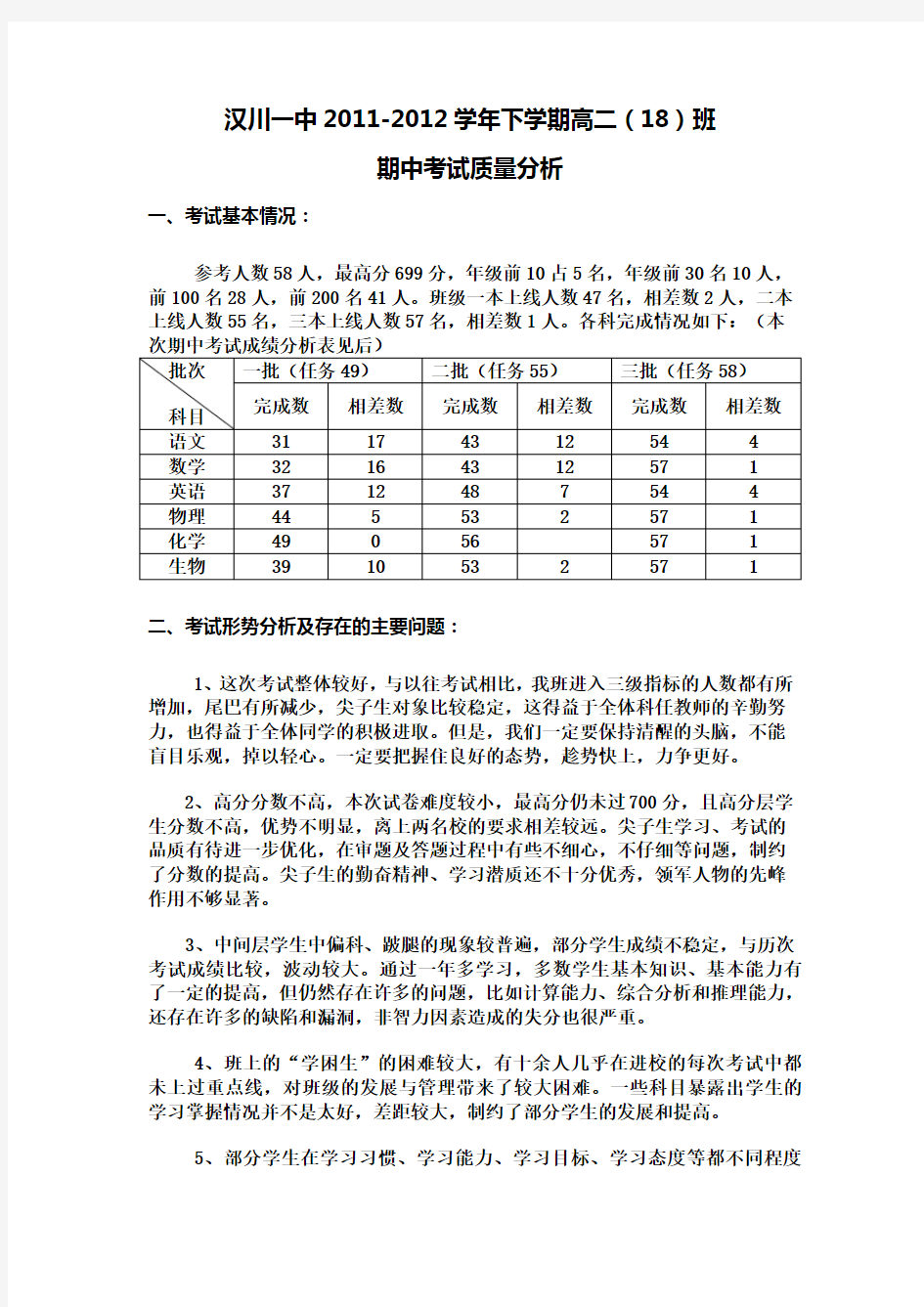 高二班期中考试质量分析