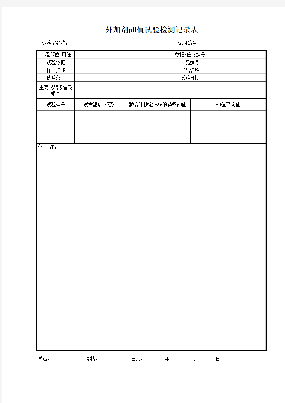 外加剂pH值试验检测记录表