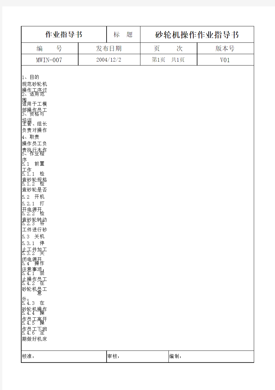 砂轮机操作作业指导书MWIN-007