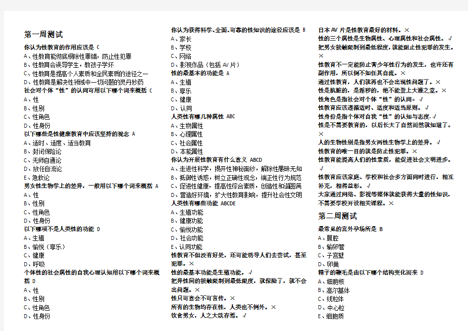 《性科学》章节测试答案 打印版