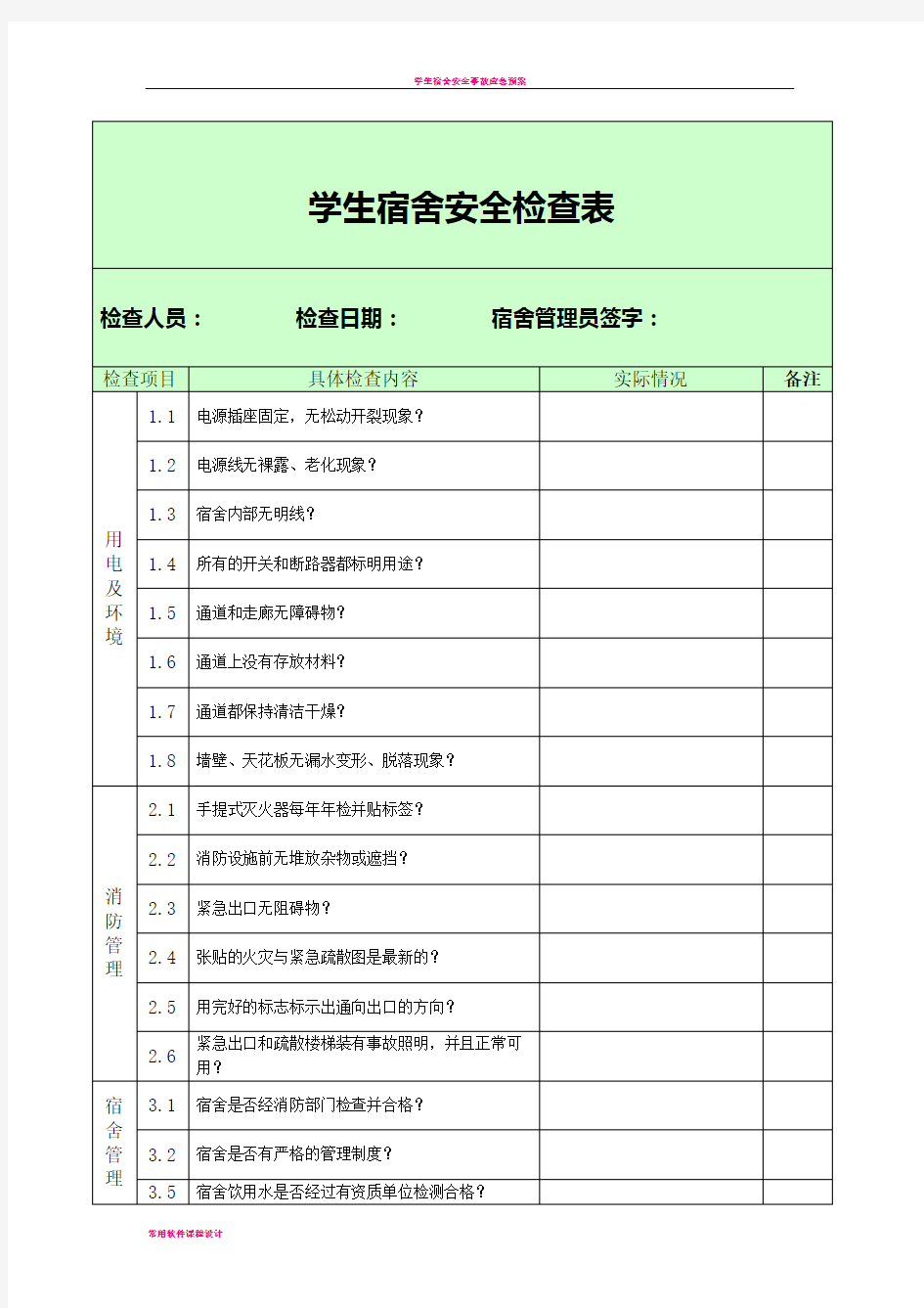 学生宿舍安全检查表