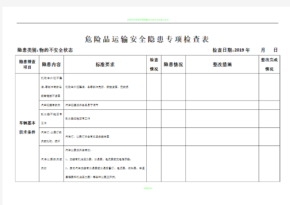 危险品运输安全隐患专项检查表(表一)