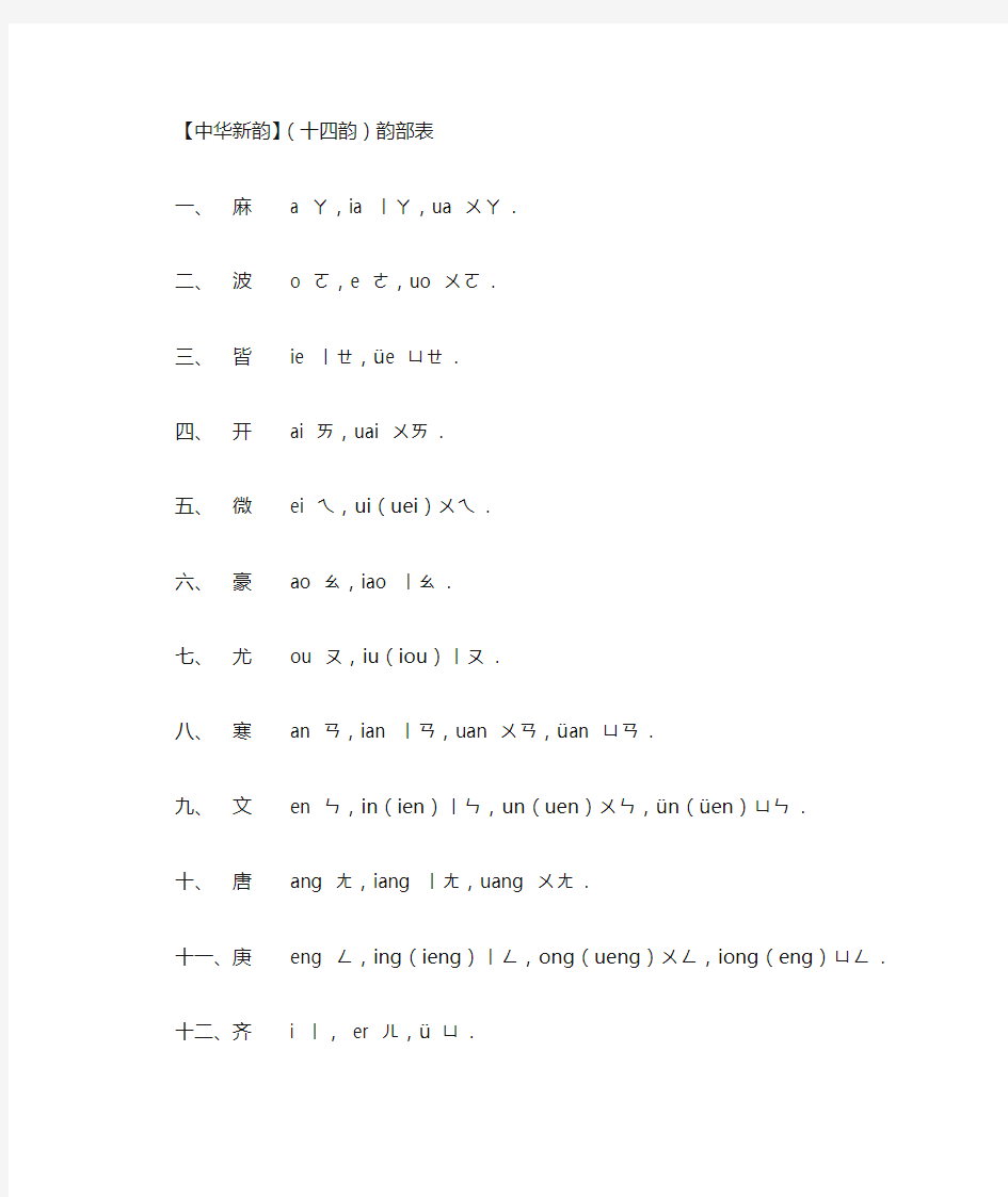 【中华新韵】(十四韵)韵部表