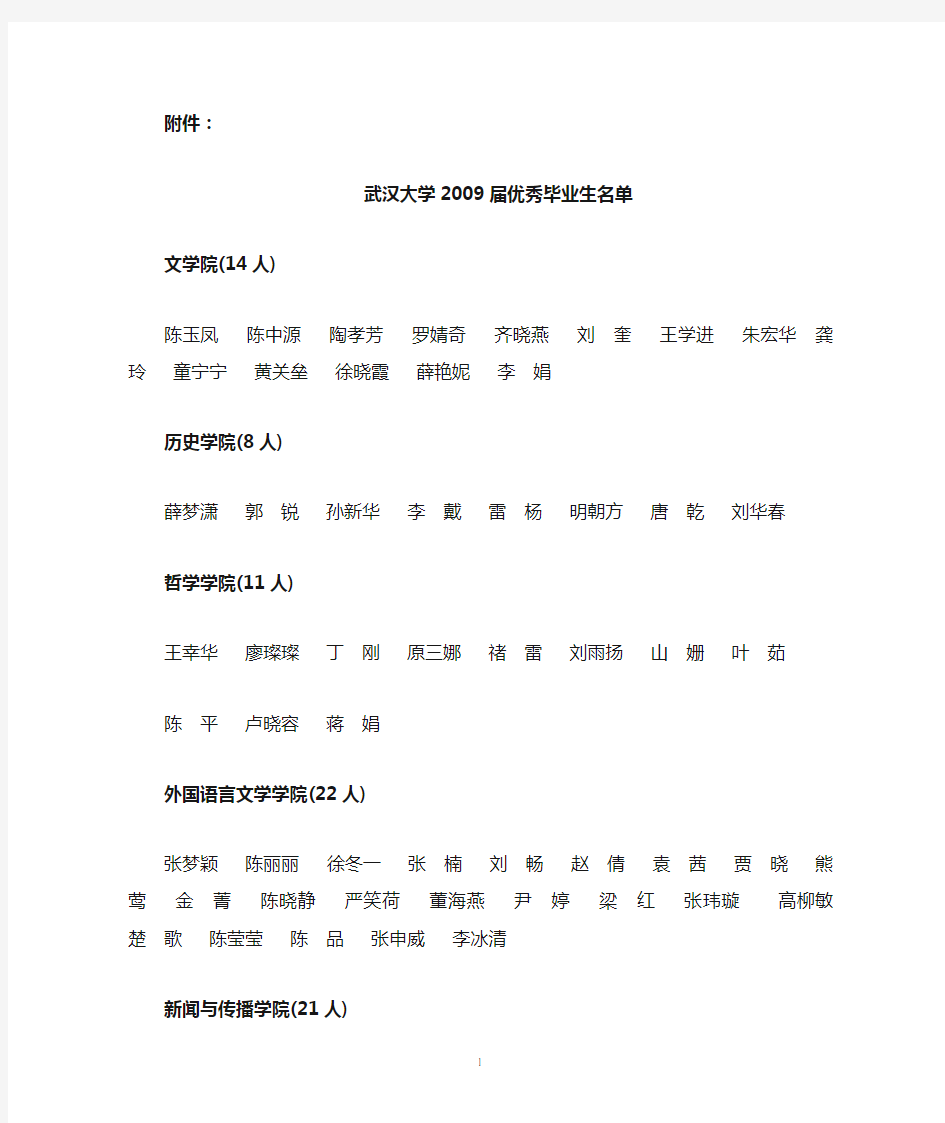 武汉大学2009届优秀毕业生名单