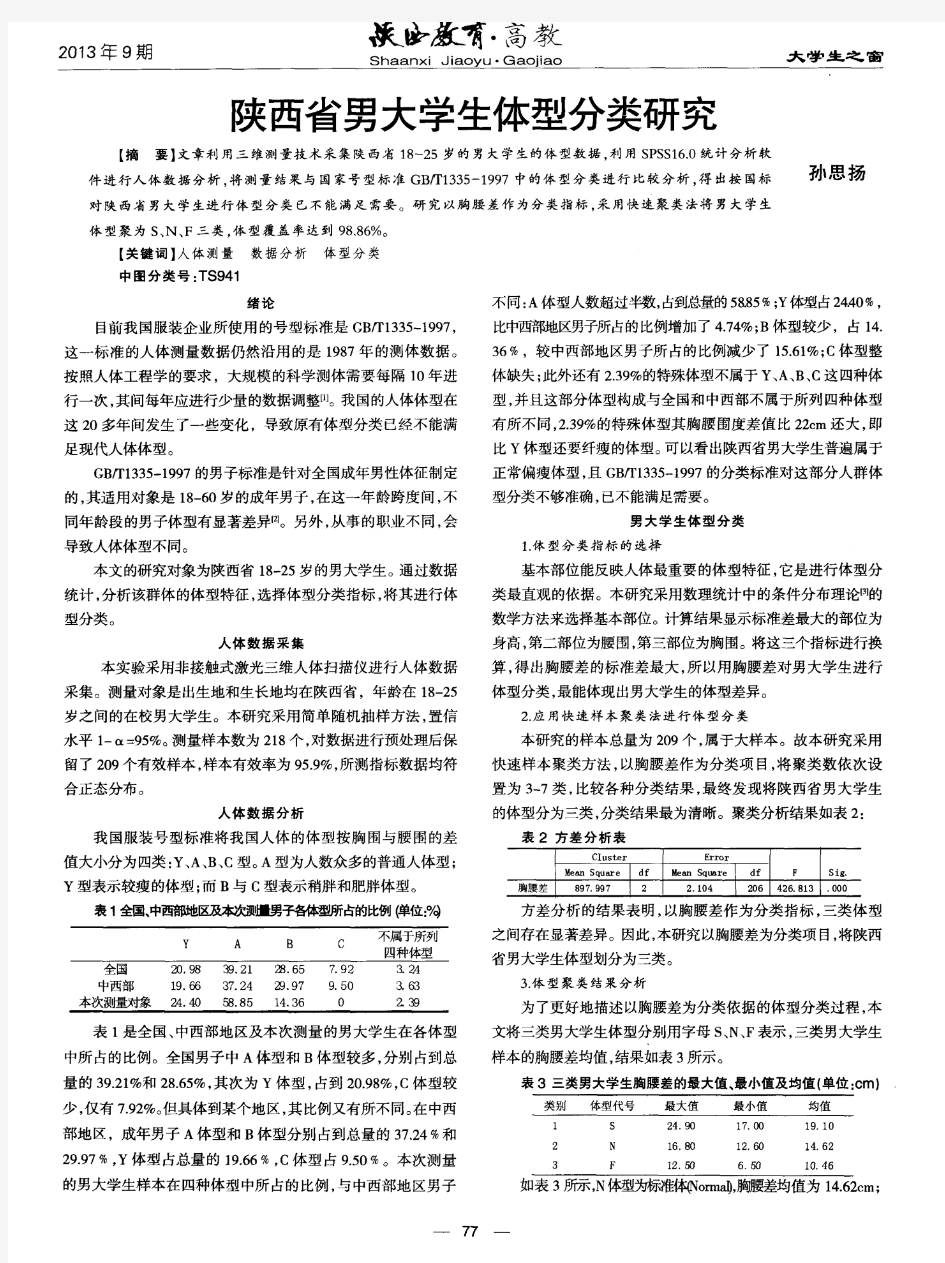 陕西省男大学生体型分类研究