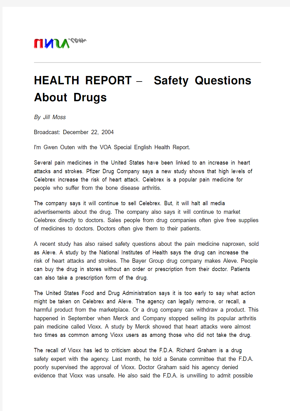HEALTH REPORT – Safety Questions About Drugs