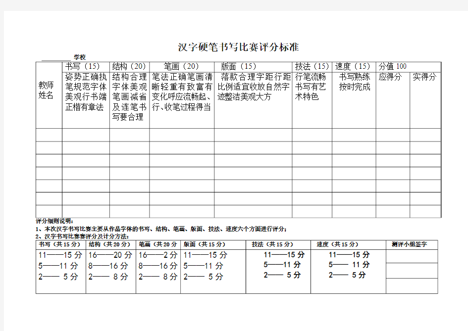 汉字书写大赛评分标准