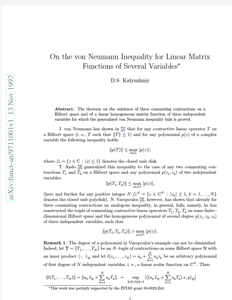 On the von Neumann Inequality for Linear Matrix Functions of Several Variables
