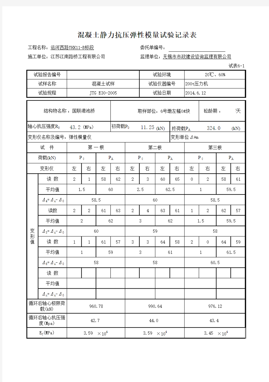 混凝土静力抗压弹性模量试验记录表