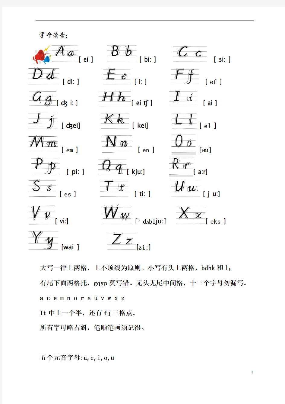 26个英文字母四线三格书写及国际音标