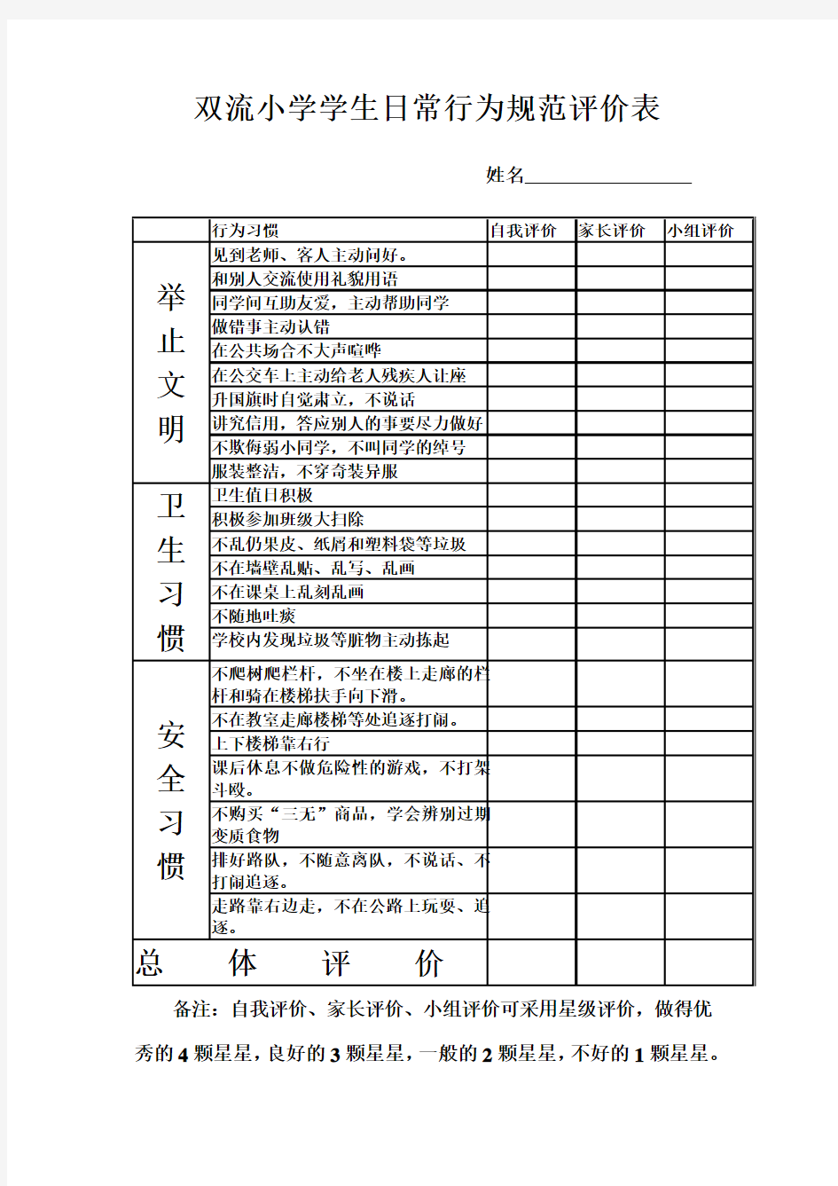 学生日常行为规范评价表