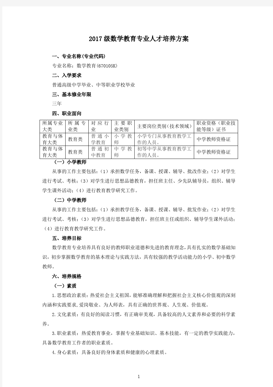 2017级数学教育专业人才培养方案