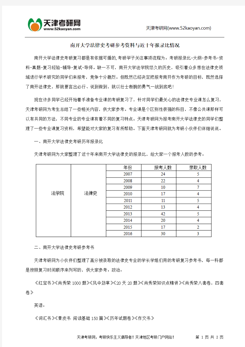 南开大学法律史考研参考资料与报录比情况