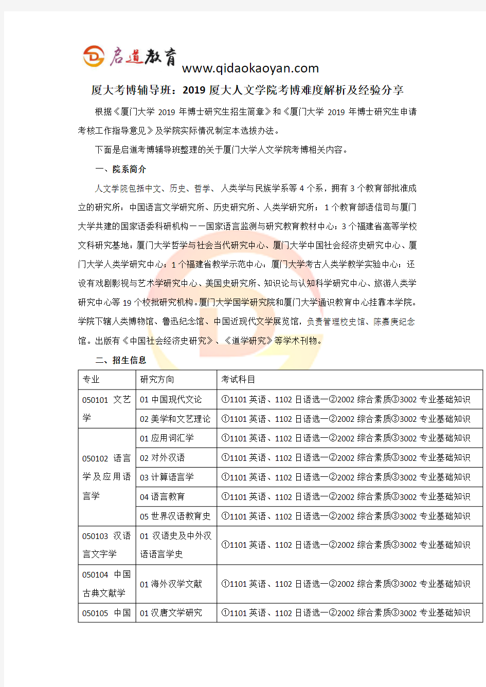 厦大考博辅导班：2019厦大人文学院考博难度解析及经验分享