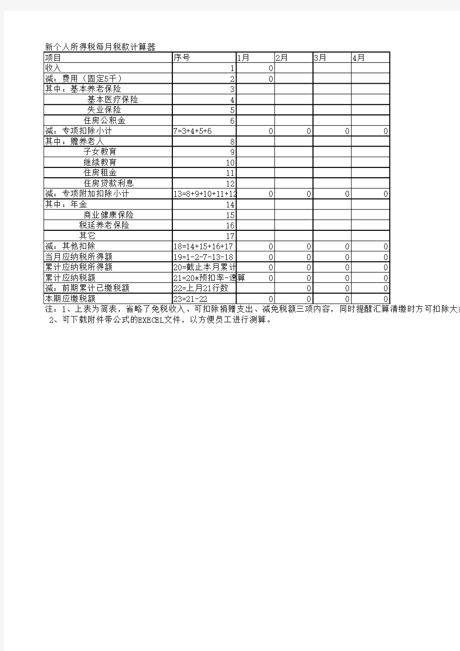 新个税每月税款计算器