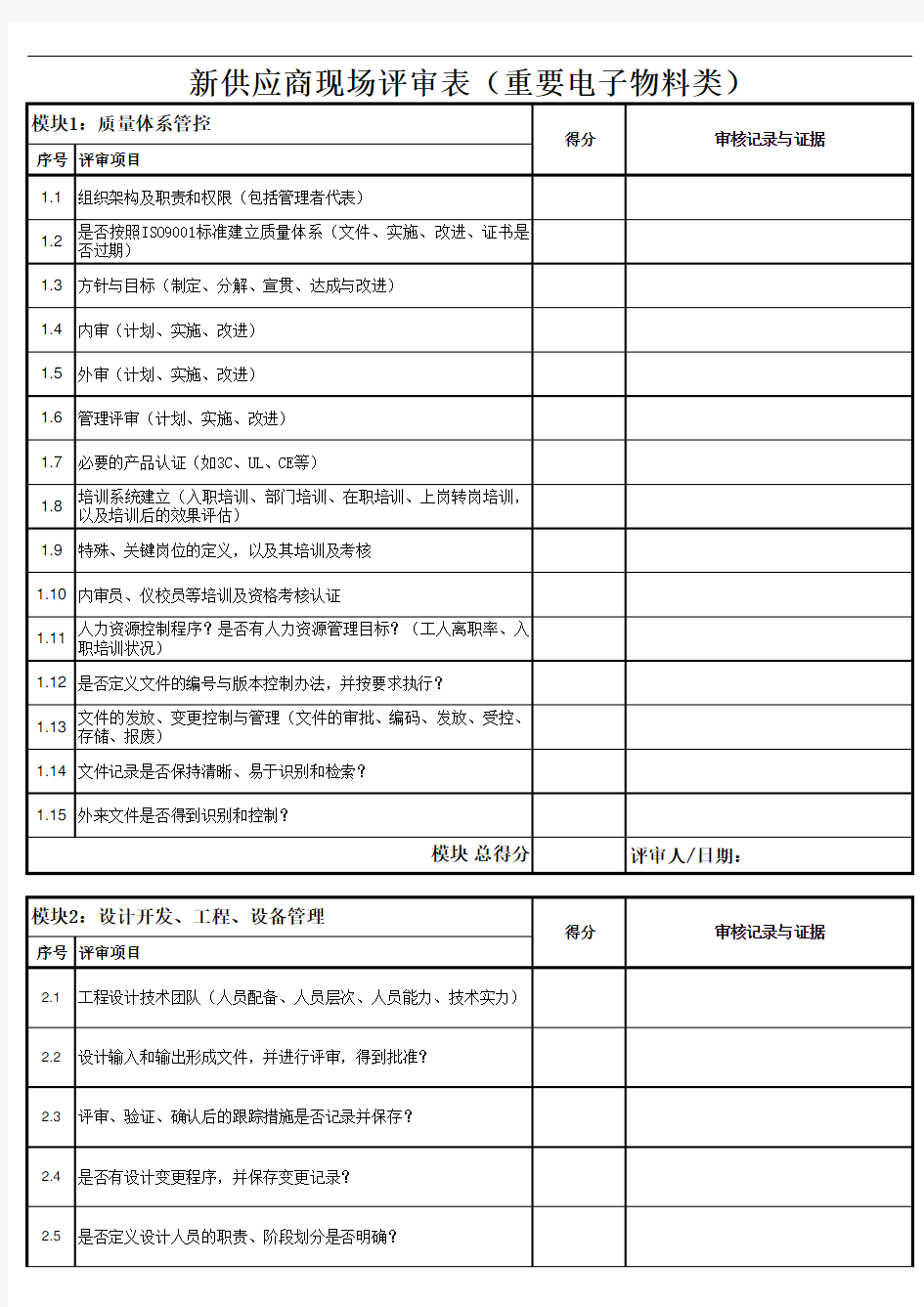 新供应商现场评审表