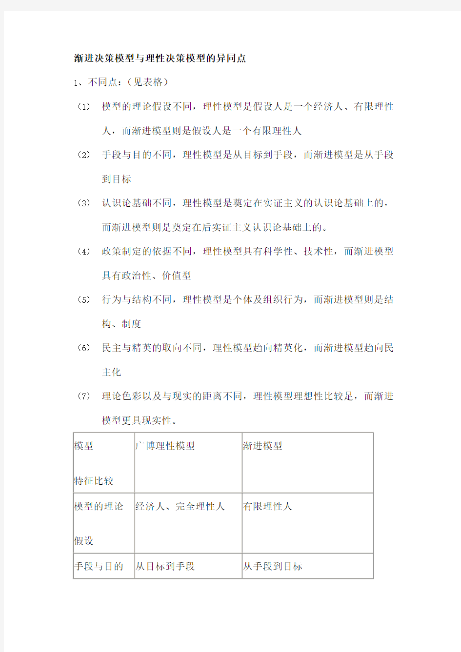 渐进决策模型与理性决策模型的异同点